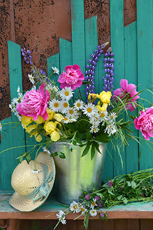 a vase filled with purple flowers